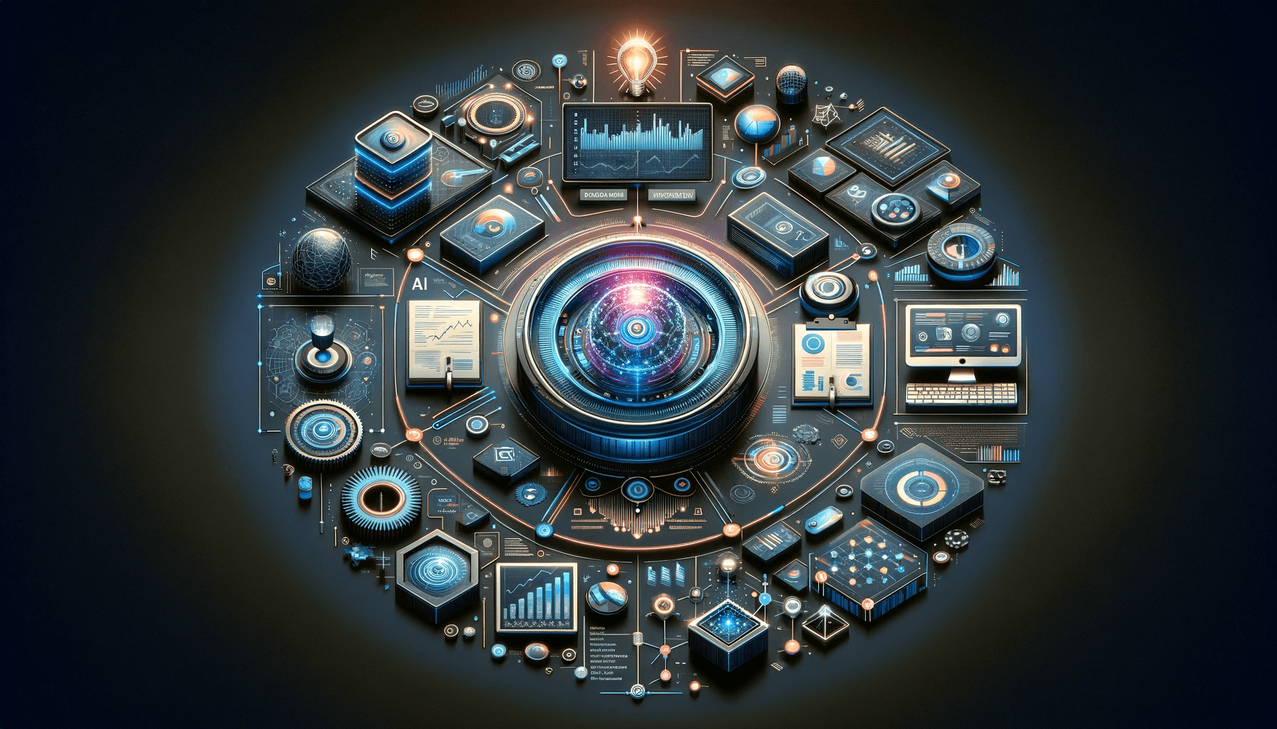 AI in analyzing and interpreting large data sets to support business decisions, featuring elements like data analytics visualizations and AI algorithms