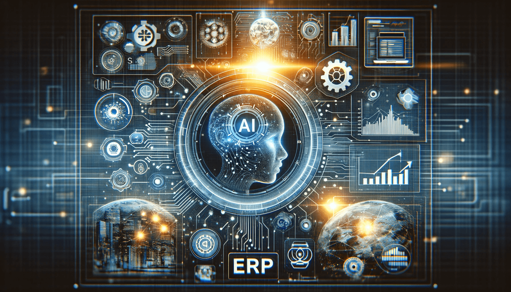  cutting-edge, efficient business setting, integrating concepts of AI, data flow, and ERP systems